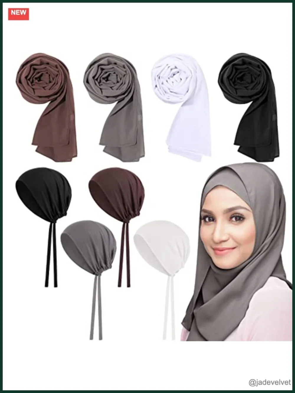 Chiffon Scarves Set with Hijab Caps Muslim Underscarf Turban Sleep Hats Soft